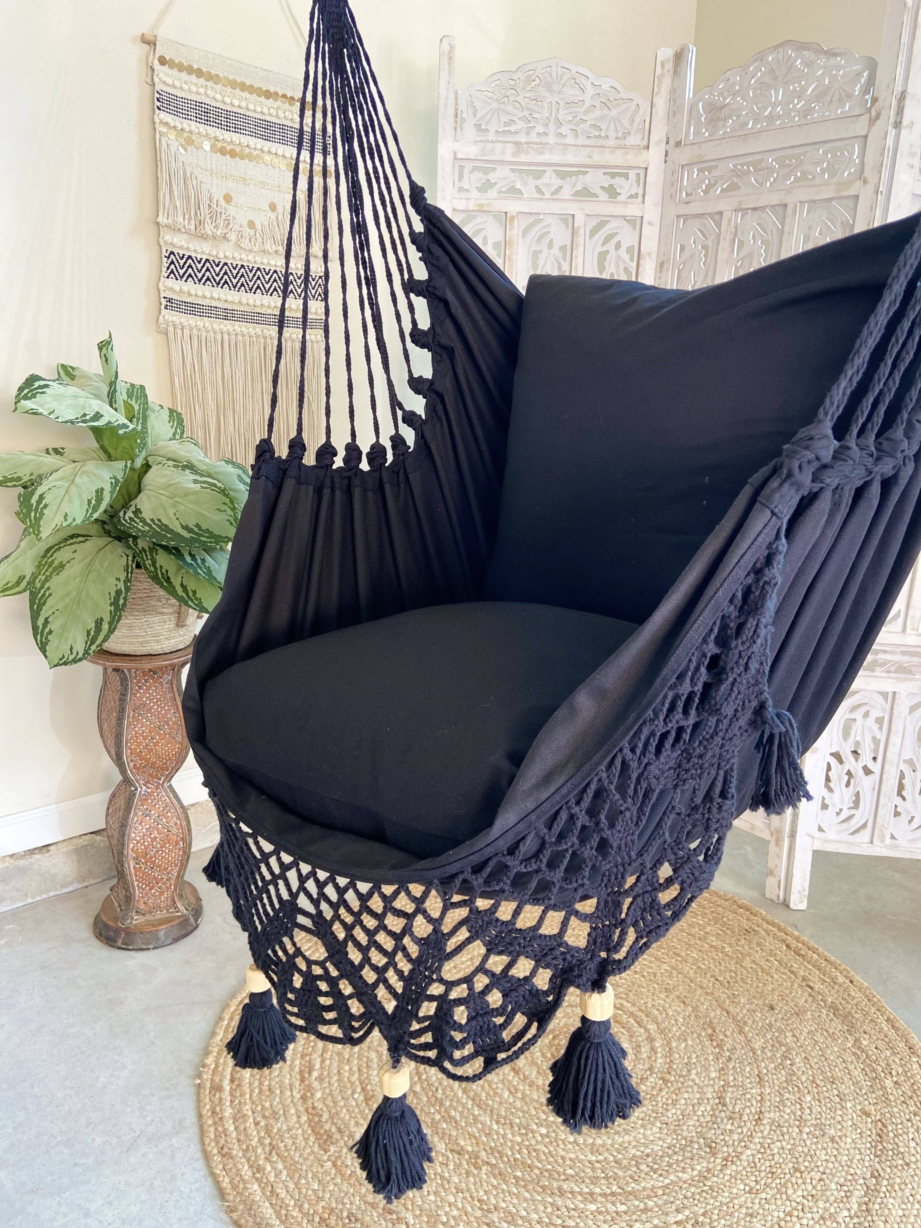 Limbo Imports Hammocks - Wholesale Schommel voor veranda - Zwarte Boho Gehaakte Hangstoel + 2 Kussenhoezen - Luxe2