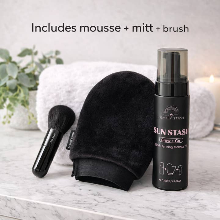 Beauty Stash - Wholesale Self-Tanner - Sun Stash Glow + Go Complete Tanning Kit – Sunless Self-Tanning Foam with Mitt & Brush, 6.3oz (Set of 6)3