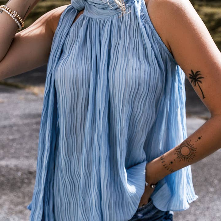 Myosotis Textured Pleated Tied Mock Neck Flowy Tank Top for wholesale by SOCALI