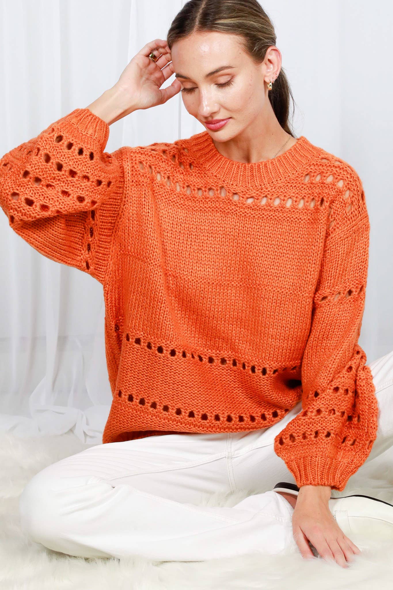 Vine & Love - Vente Pull en maille – femme - Pull en crochet à col rond et manches ballon en tricot ouvert VT5170311