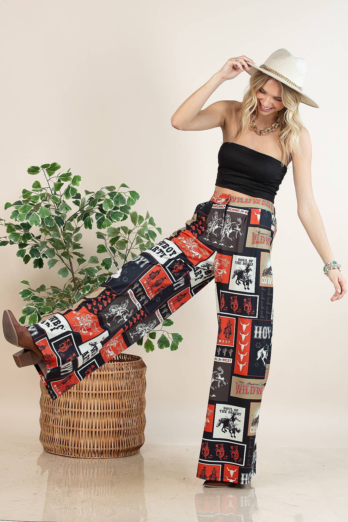 Multi Colored P1261-6010-Tammy Cowboy Party Mesh Print Slack Pants for wholesale on Faire1