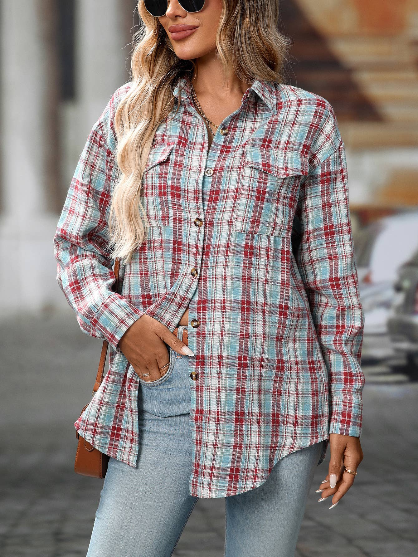 FULL TIME PURCHASE - Wholesale Button Down Shirt - Women's - Plaid Print Chest Pockets Buttoned Shirt18