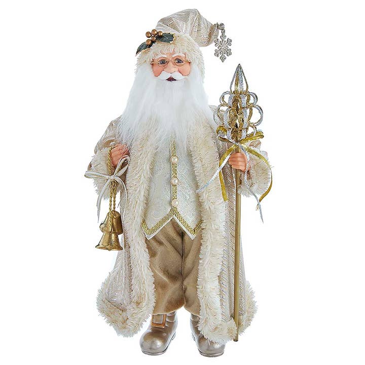 17"LIGHT GOLD SANTA W/STAFF and BELLS for wholesale by Kurt S. Adler, Inc.
