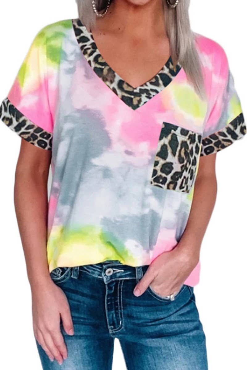 Suzie Q USA – wholesale T-shirt – women's – Tie-Dye With Leopard Short-Sleeved T-Shirt0