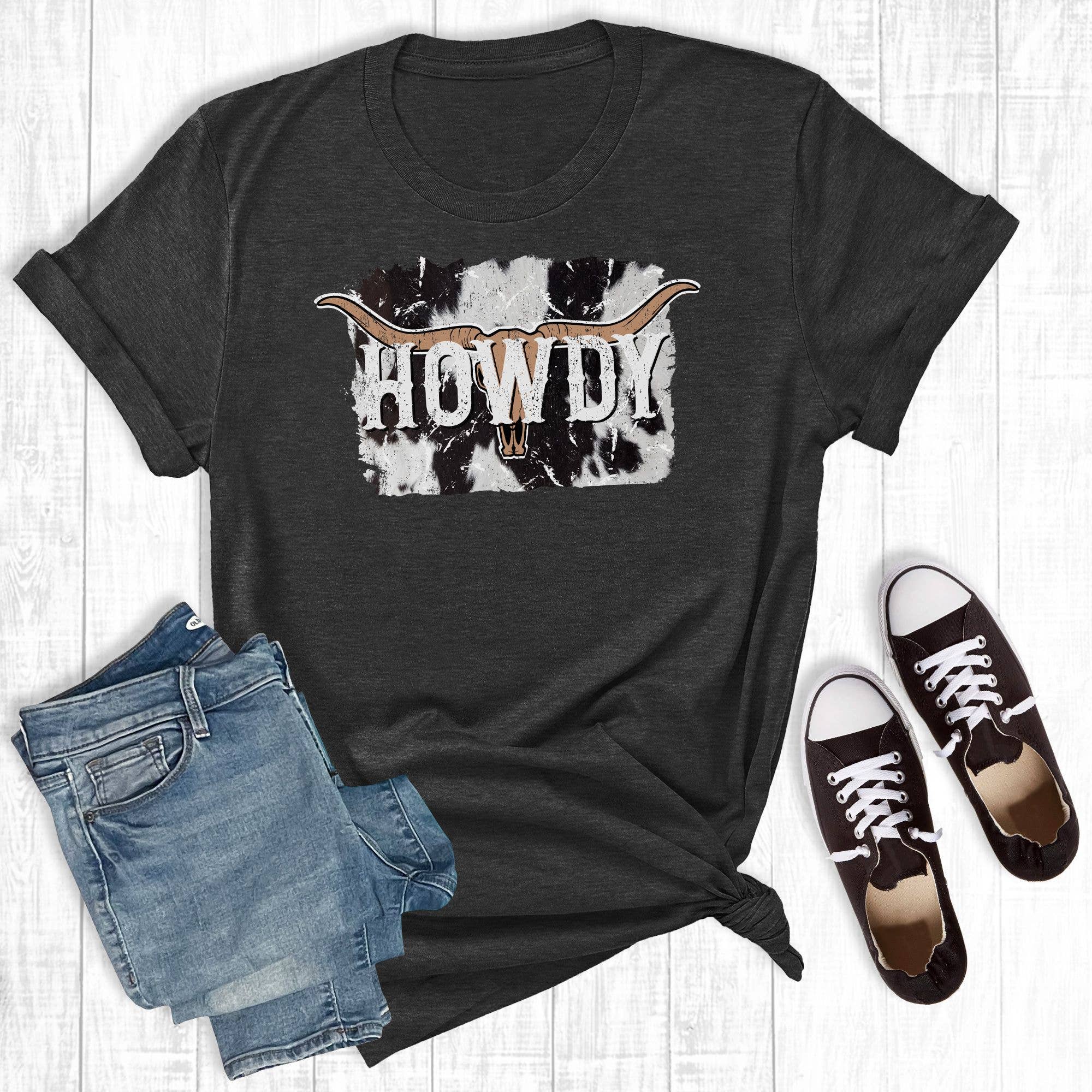 Rebel Rose - Wholesale Screen Printed T-Shirt - Women's - Howdy Cowskull Charcoal