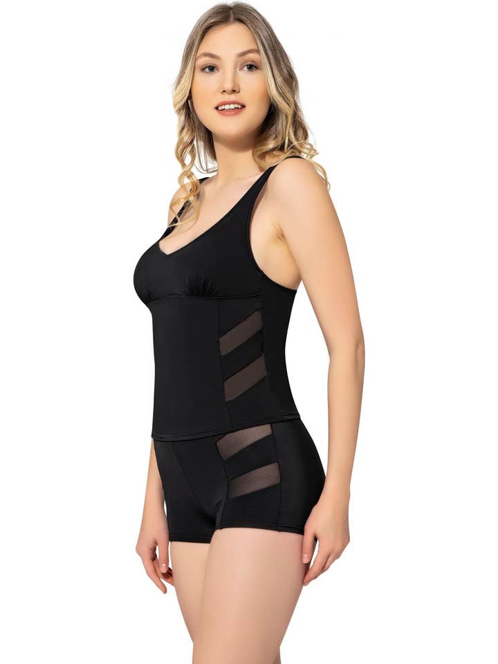 Tankini dritto trasparente in tulle Argisa con pantaloncini nero per la vendita all'ingrosso da parte di Argisa