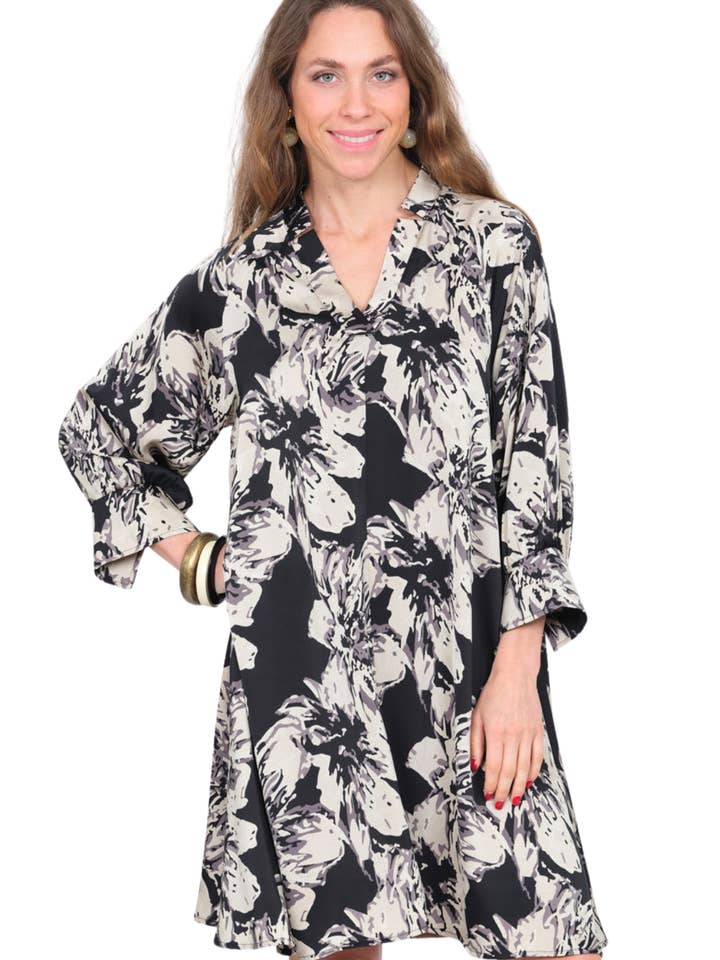 Robe Florale Noire & Beige Lior Manches 3/4 - Angel pour la vente par LIOR / ALISHA D