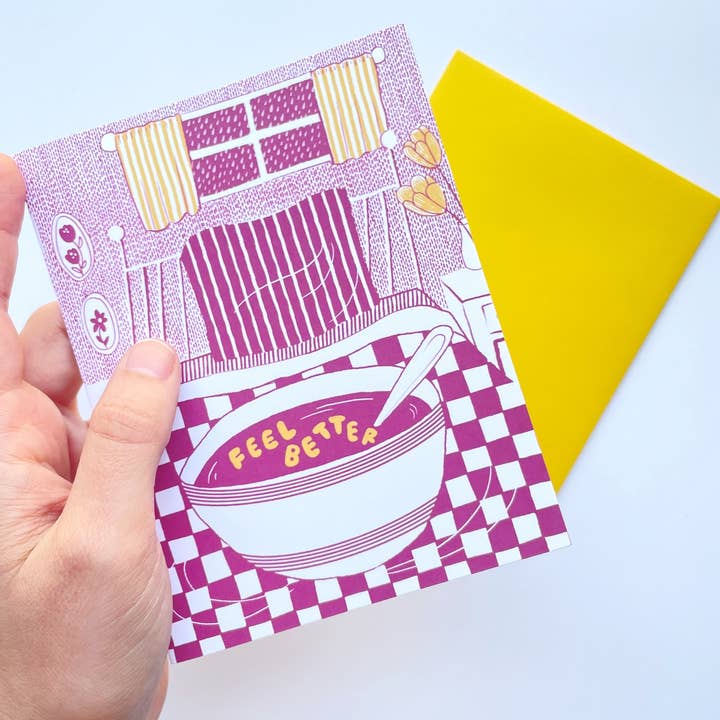 Carte de vœux Feel Better Alphabet Soup in Bed Get Well pour la vente par Kendra Lee Miller Art
