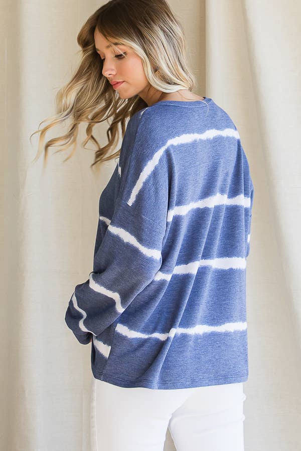 7th Ray – Engroshandel Strikket top - Dame – Stribet Tie Dye V-søm Drop Shoulder Langærmet Top T356523