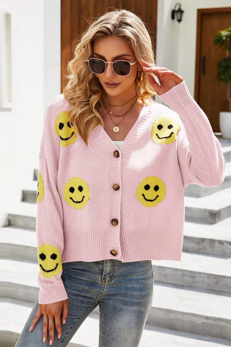 NINEXIS - Vente Cardigan – femme - CWOCAL0777_PULL CARDIGAN EN MAILLE AMPLE SMILEY FACE