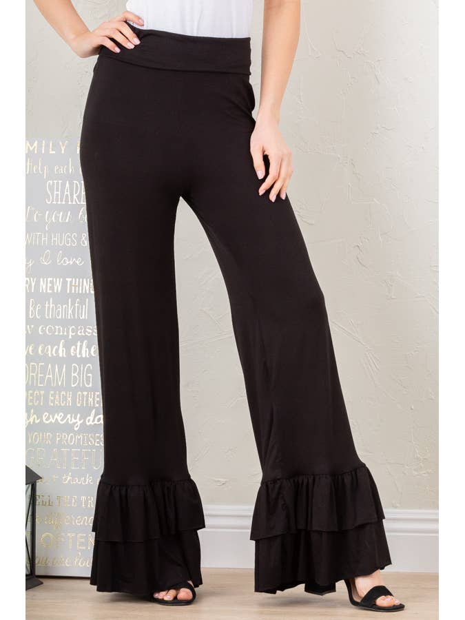 WIDE LEG SOLID RUFFLED PANTS for wholesale by Pink Irene Wholesale
