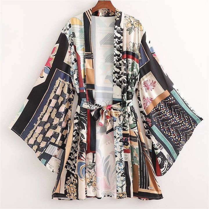 PRINTING Printed Patchwork Kimono Top And Wide Leg Pants Set for wholesale on Faire