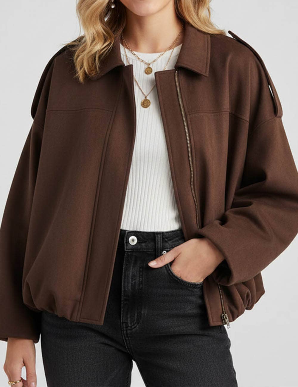 Sweetkama - Wholesale Bomber Jacket - Women's - Ladies Faux Suede Bomber Jacket Shirt Collar Zip-Up Coat23