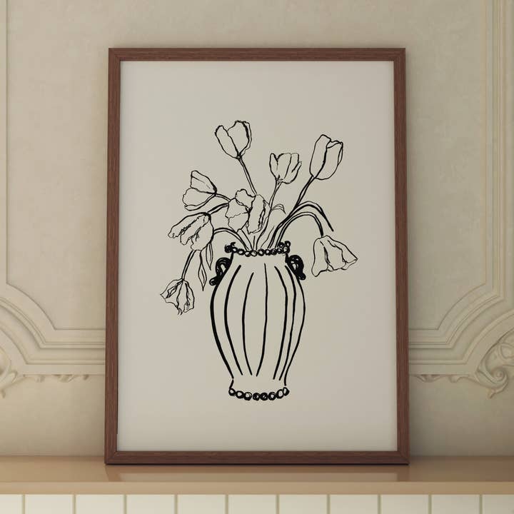 Vase of Tulips Still Life Ink Drawing Print for wholesale by Emily M Art and Design