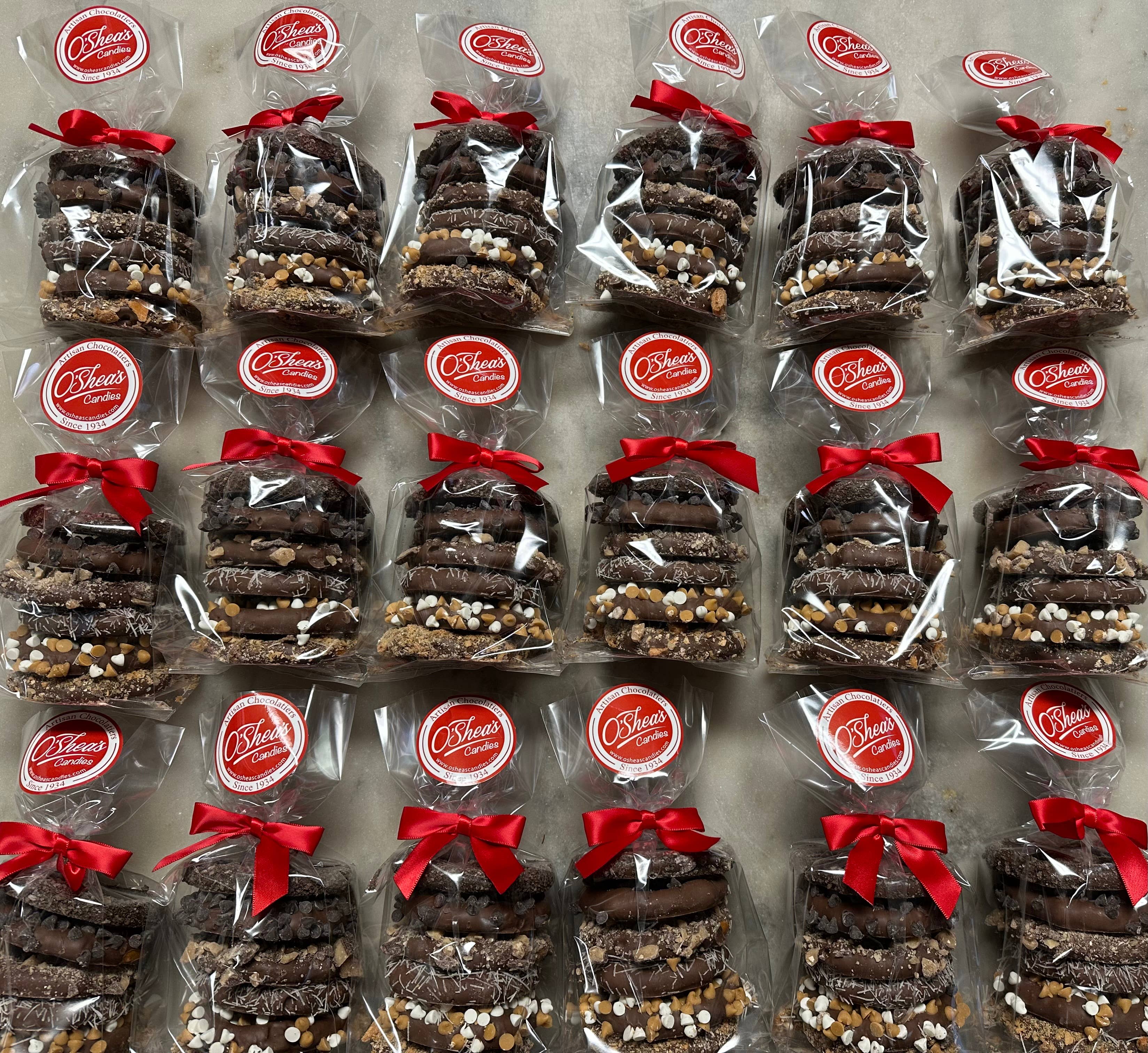 O'Shea's Candies Sweet Shop - Wholesale Chocolate Covered Sweets - Gourmet Decorated Pretzel Stacks 6PK w/ Bow 🥨9