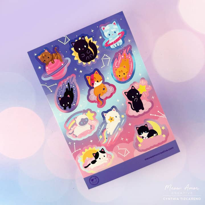 Cosmic Cat Sticker Sheet for wholesale by Meow Amor Creative