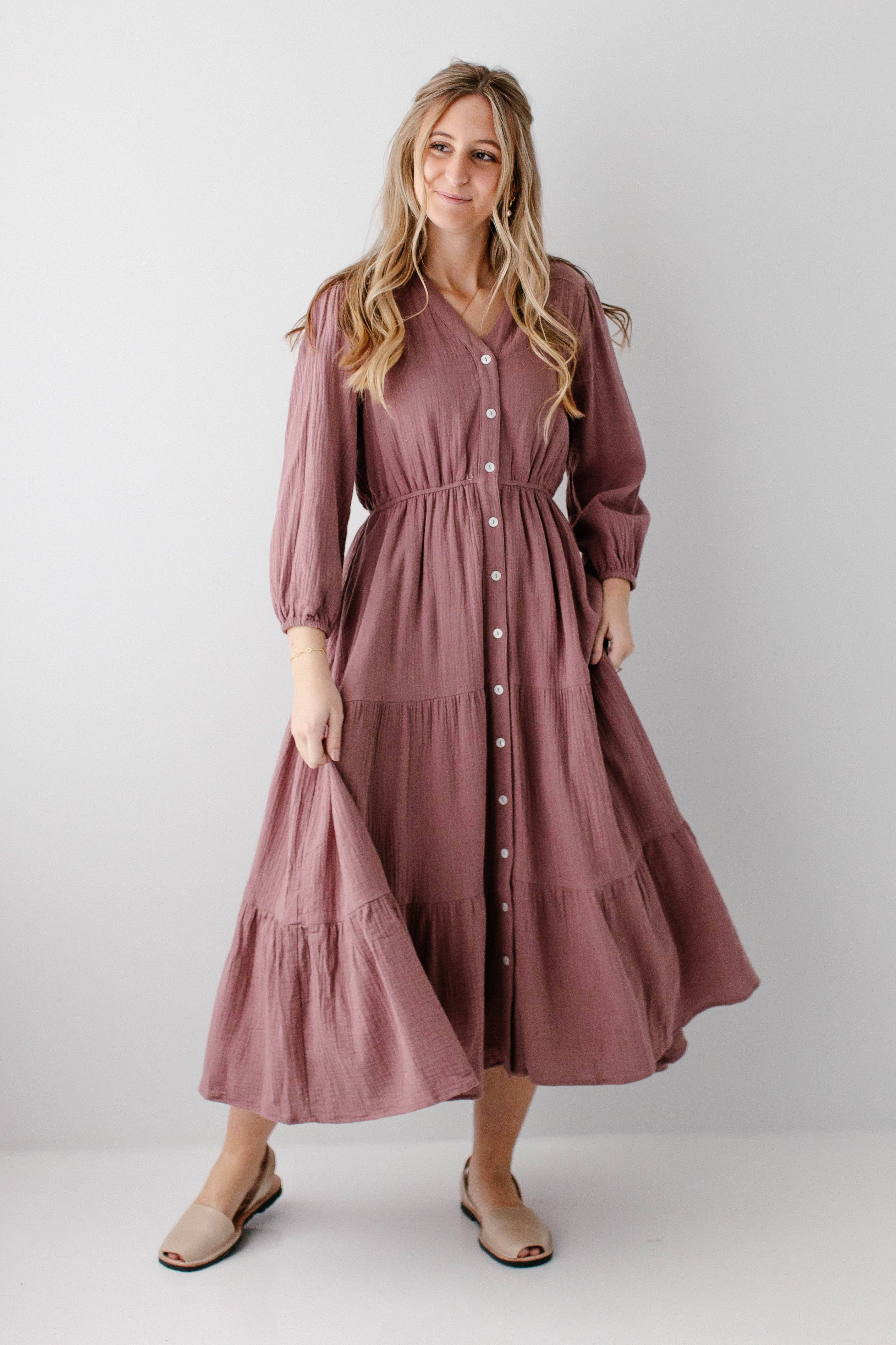 Dusty Mauve 'Louisa' Button Down Tiered Cotton Gauze Midi Dress for wholesale on Faire
