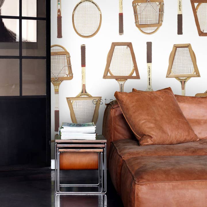 White Brown and Beige Non-woven Wallpaper Xxl Vintage Tennis Rackets for wholesale on Faire1