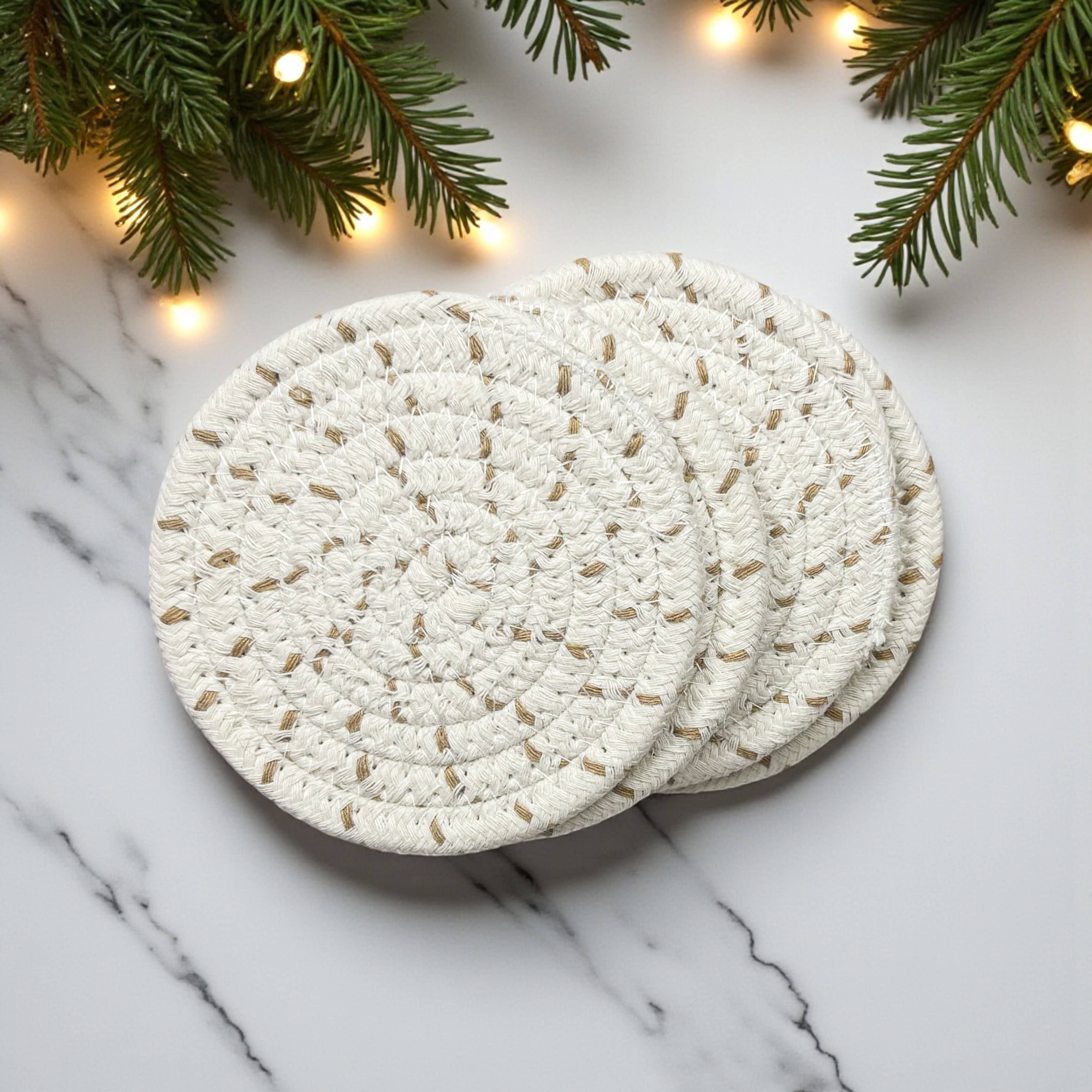 Gia Roma - Wholesale Coasters - Christmas Coasters, Red Candy Cane Braided Cotton Fabric Set86