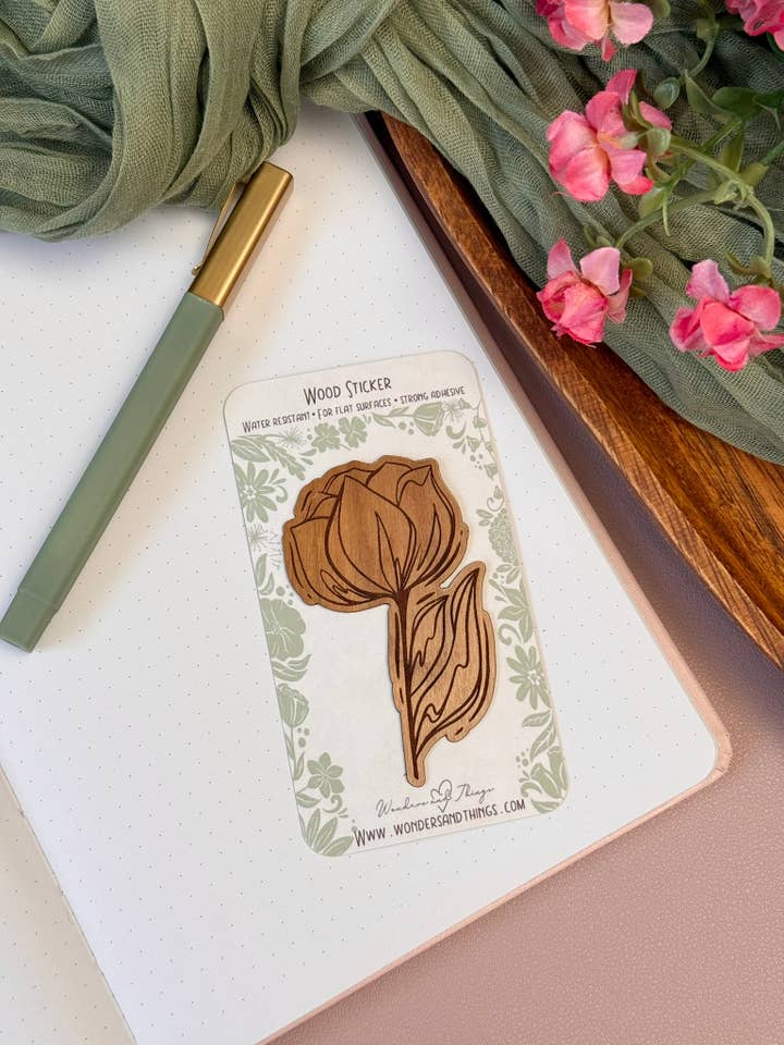 Flower Wood Sticker| Unique Engraved Wood Sticker for wholesale by Wonders and Things