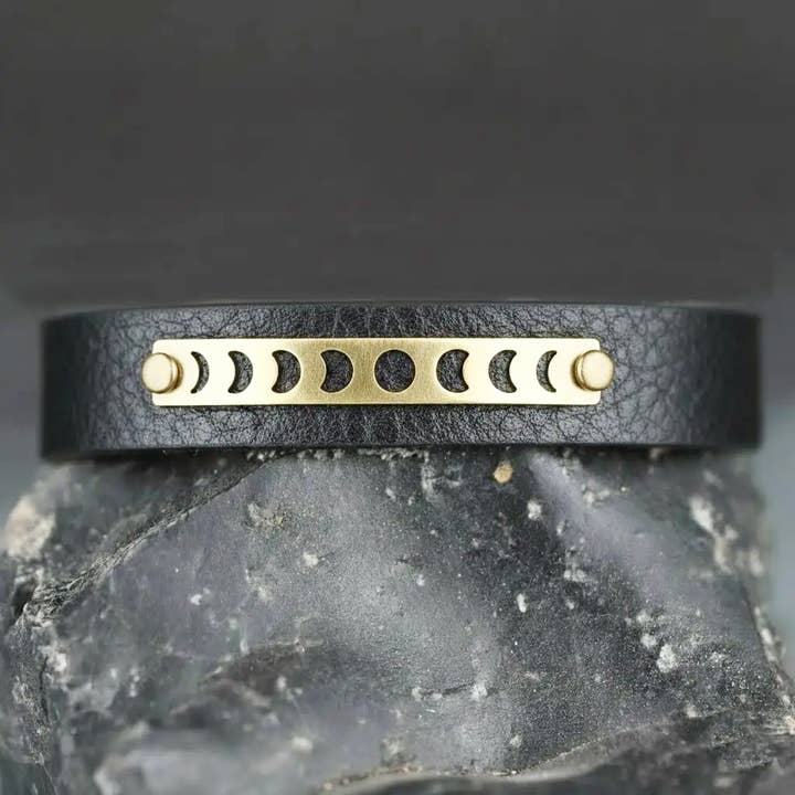 Moon Phase Stacker Cuff (Black Leather) for wholesale by KBD Studio