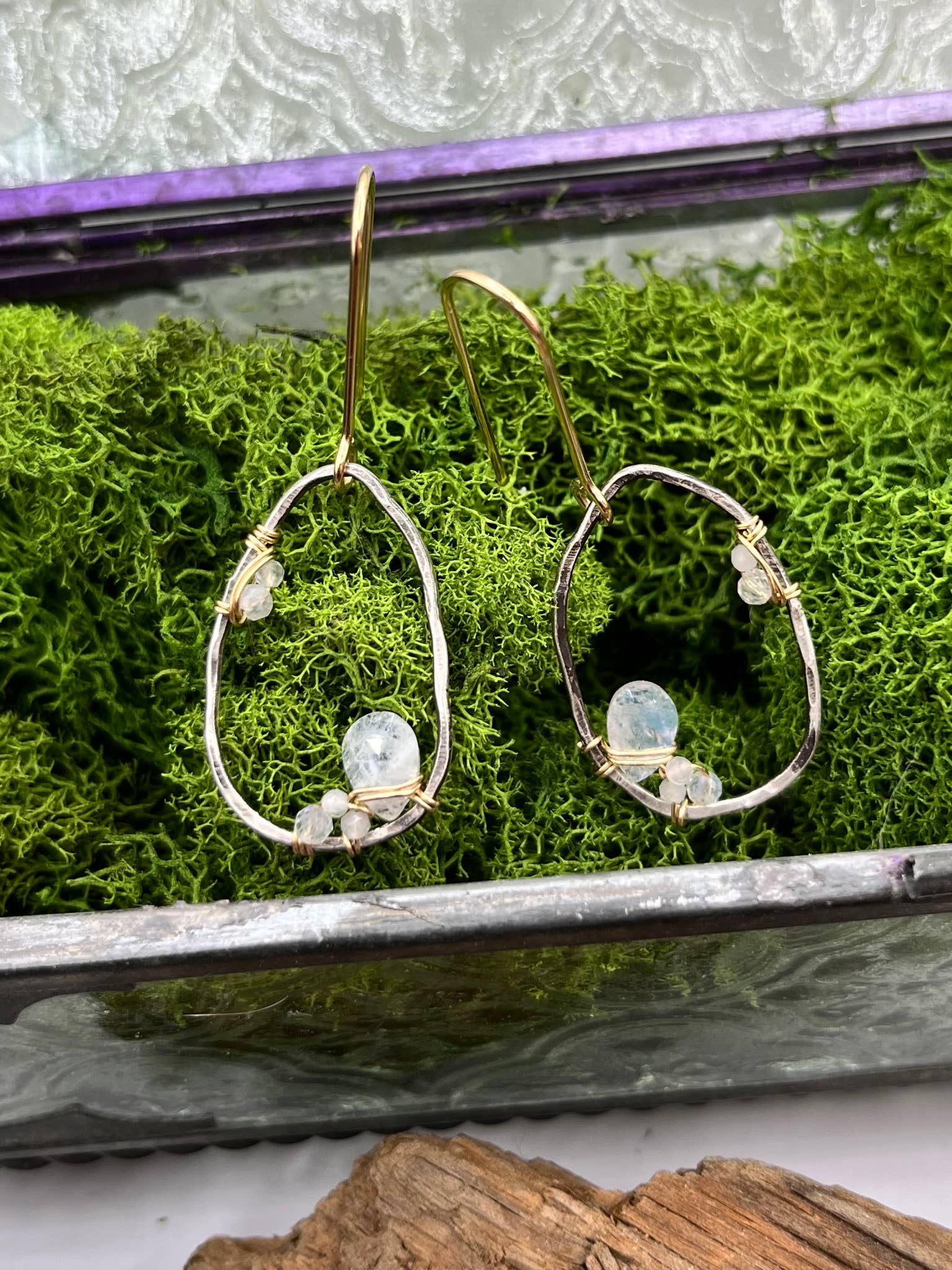 Rachel Renee Jewelry - Wholesale Dangle Earrings - CHERYL Freeform Moonstone Geode Pebble Mixed Metal Dangles