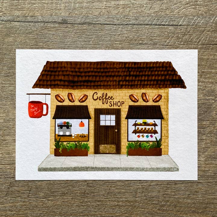 5x7 Coffee Shop Art Print, Tiny Shops Art Print, Kitchen Art for wholesale by blonde birdie