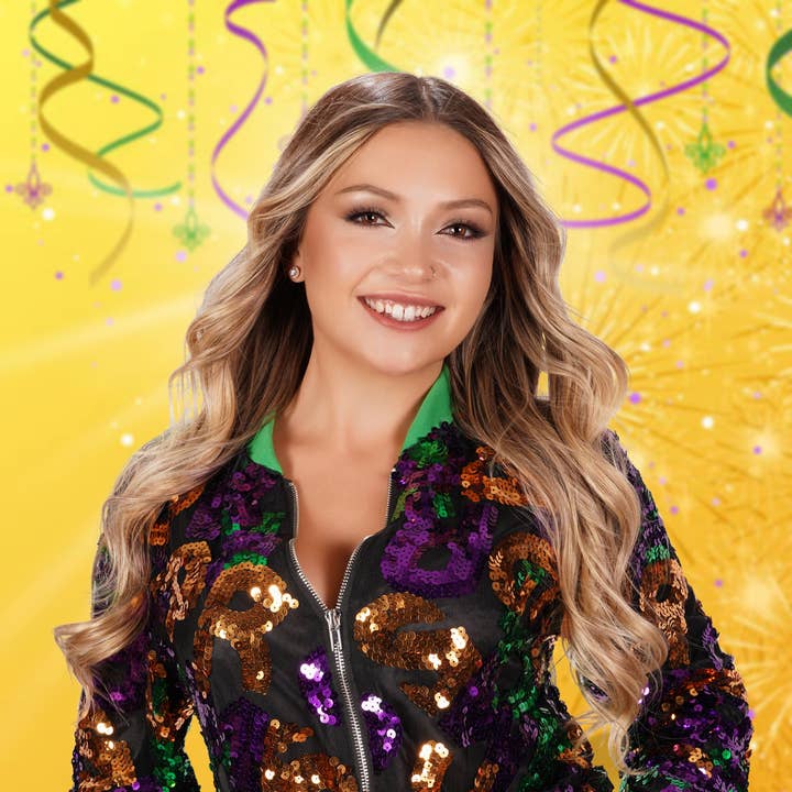 Giacca con lettere Mardi gras in paillettes per la vendita all'ingrosso da parte di Western Fashion