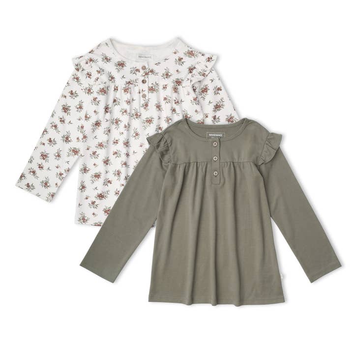 Organic Ruffle Sleeve Top Set of 2 - Winter Berry + Olive for wholesale by Makemake Organics