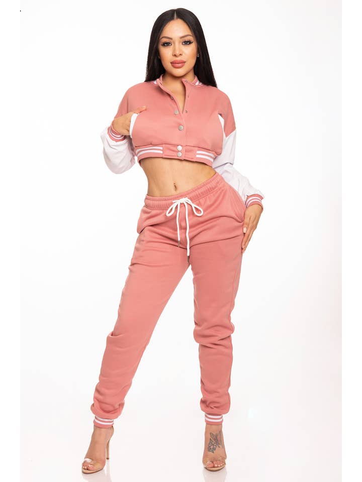 Lime All the Time - Wholesale Lounge set – Women's - Cropped Varsity Jacket and Jogger Pants Set6