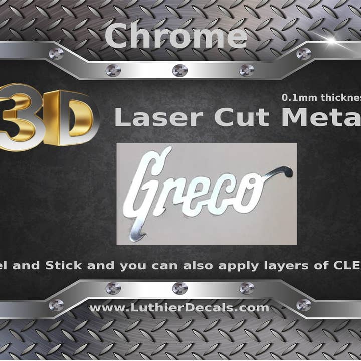 Greco 3D-Aufkleber für Gitarre, lasergeschnittenes Metall, M35 für den Großhandel von Luthier decals