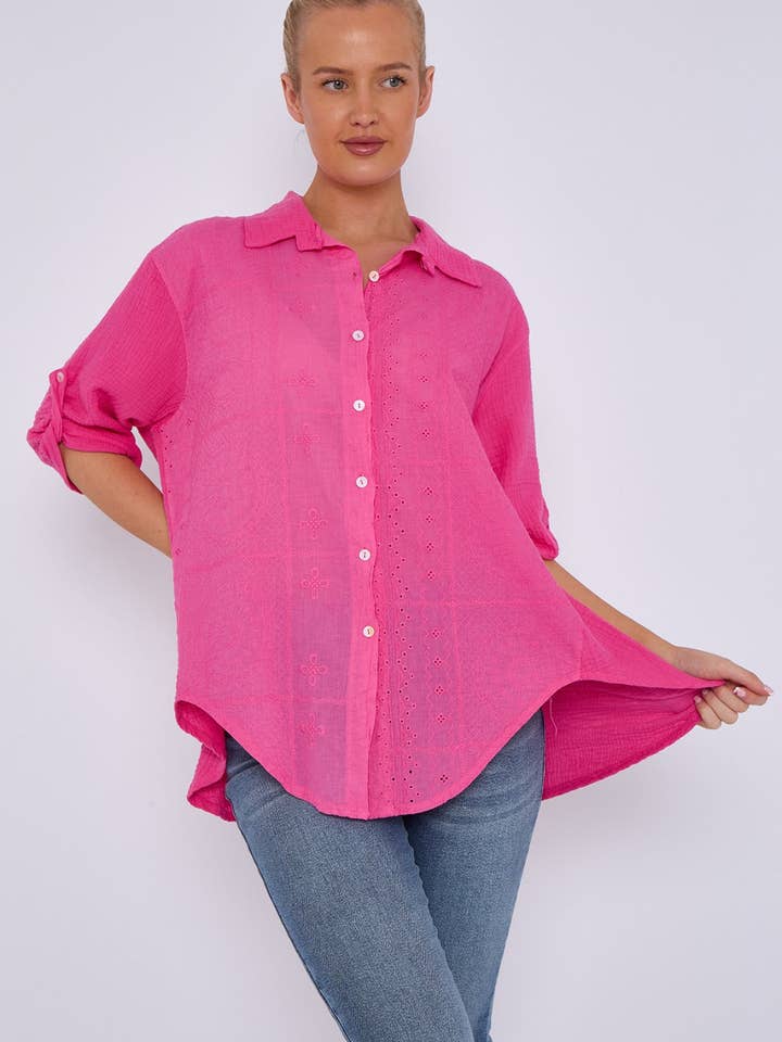 Miss Bold – wholesale Buttoned-down shirt – Women's – Italian Embroidered Cotton Button-Up Tunic Shirt with Rolled Sleeves2