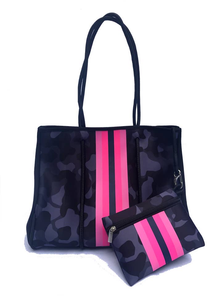 Unterwegs - Schwarze Camo/Pink Neopren-Einkaufstasche für den Großhandel von Lolly Luella