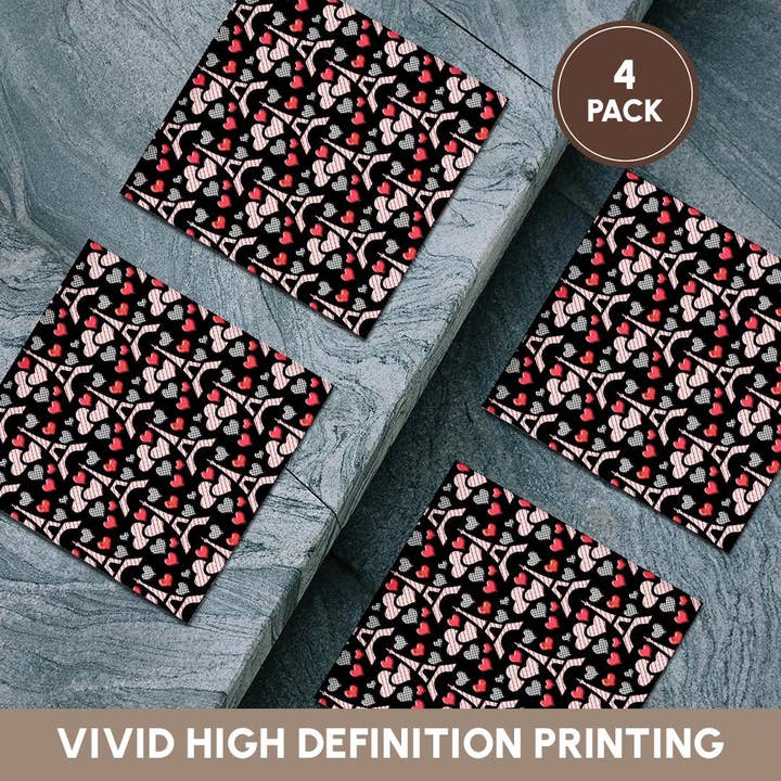 3dRose - Wholesale Coasters - 3dRose, Cute Red and Black Eiffel Towers and Hearts Pattern, Coaster5