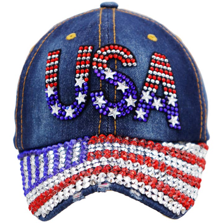 Cap Zone - Wholesale Baseball Cap - Women's - USA American Flag Bling Rhinestone Denim Cap