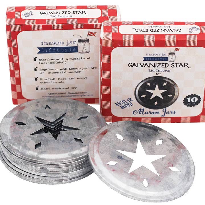 Mason Jar Lifestyle - Wholesale Drink Lids - Star Cutout Galvanized Metal Lid Inserts for Mason Jars 10 Pack