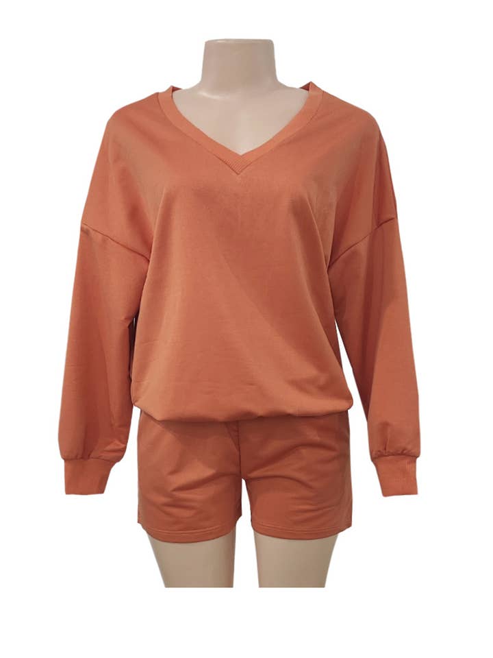 Rosa Clothing - Wholesale Top & Short Set (NOT Loungewear) - Women's - Striped V-Neck Oversized Sweatshirt Shorts Set