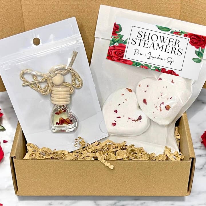 Valentines Day Gift Set Box Shower Steamers + Car Diffuser for wholesale by LostLove Art Co.
