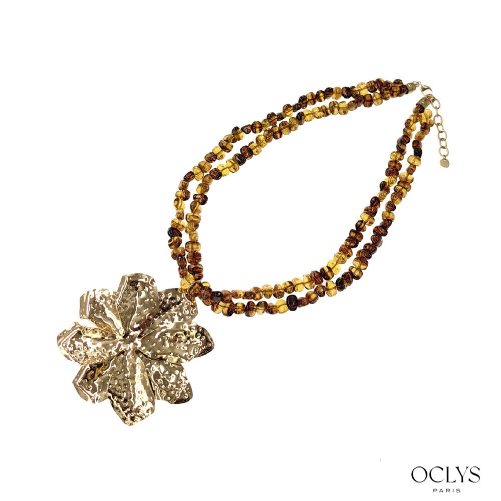 Oclys - Wholesale Pendant/Charm Necklace - Double row necklace with resin flower and gold-plated stainless steel Xana1