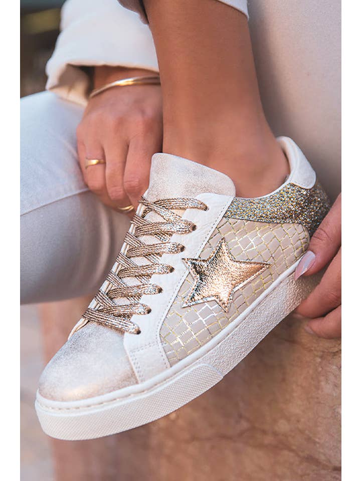 Gold LDC Glitter Star Patchwork PU Leather Lace-up Sneakers for wholesale on Faire1