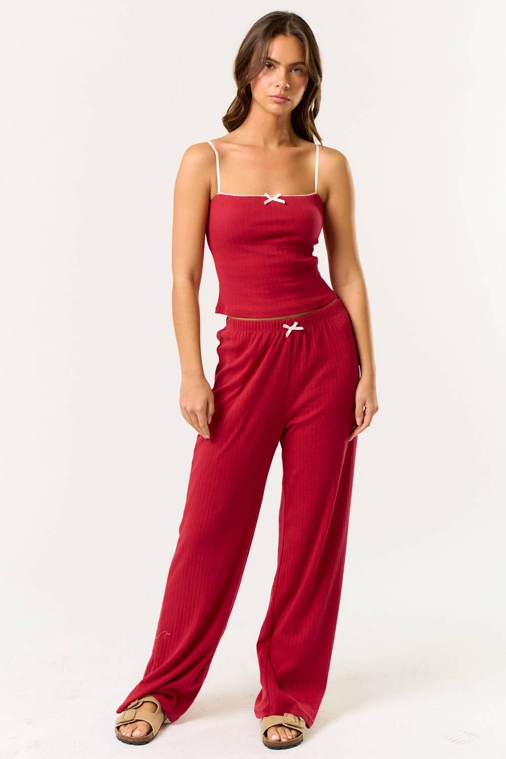 Blue Blush - Wholesale Lounge Set - Women's - BS25584 Contrast Pointelle Cami Top and Wide Leg Pants Set7