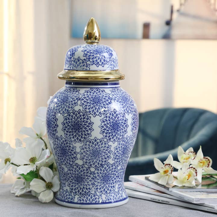 Temple Jar - Blue/White Ceramic with Dahlia Flower, 14 in. for wholesale by Sagebrook Home