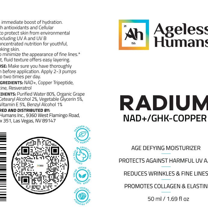 Ageless Humans - Wholesale Anti-Aging Moisturizer - NAD+ & GHK Anti-Aging Moisturizing Cream: Radium®