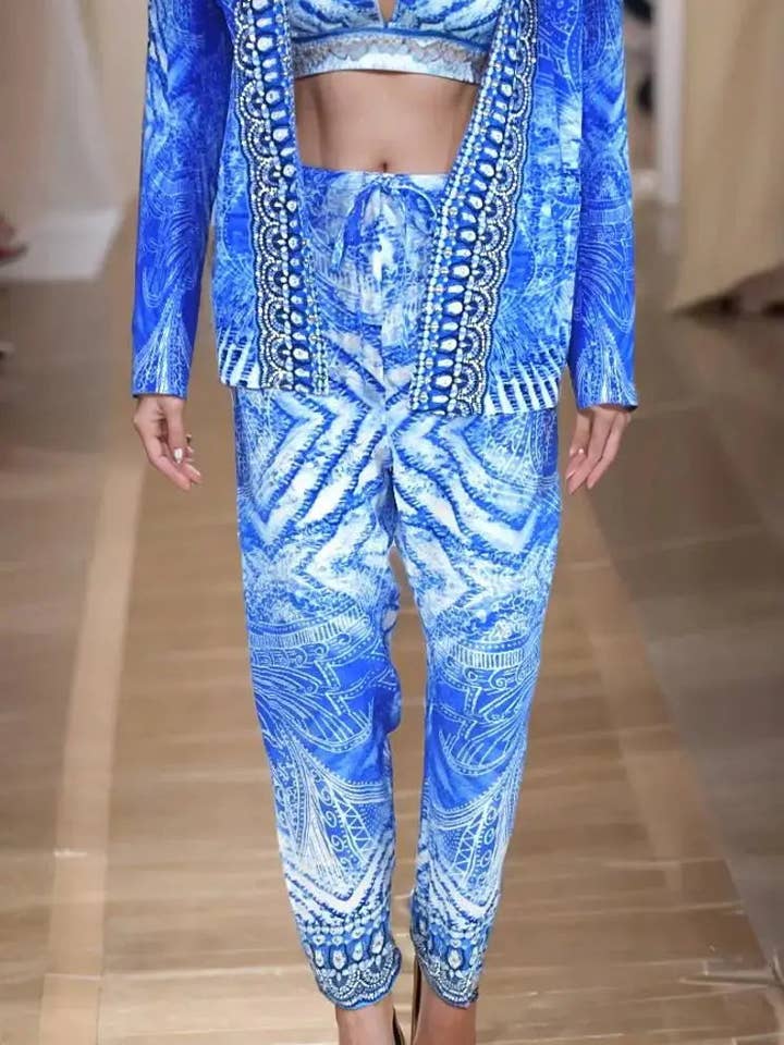 Silk Drawstring Embellished Pants Amalfi Blue for wholesale by Kaftans that Bling