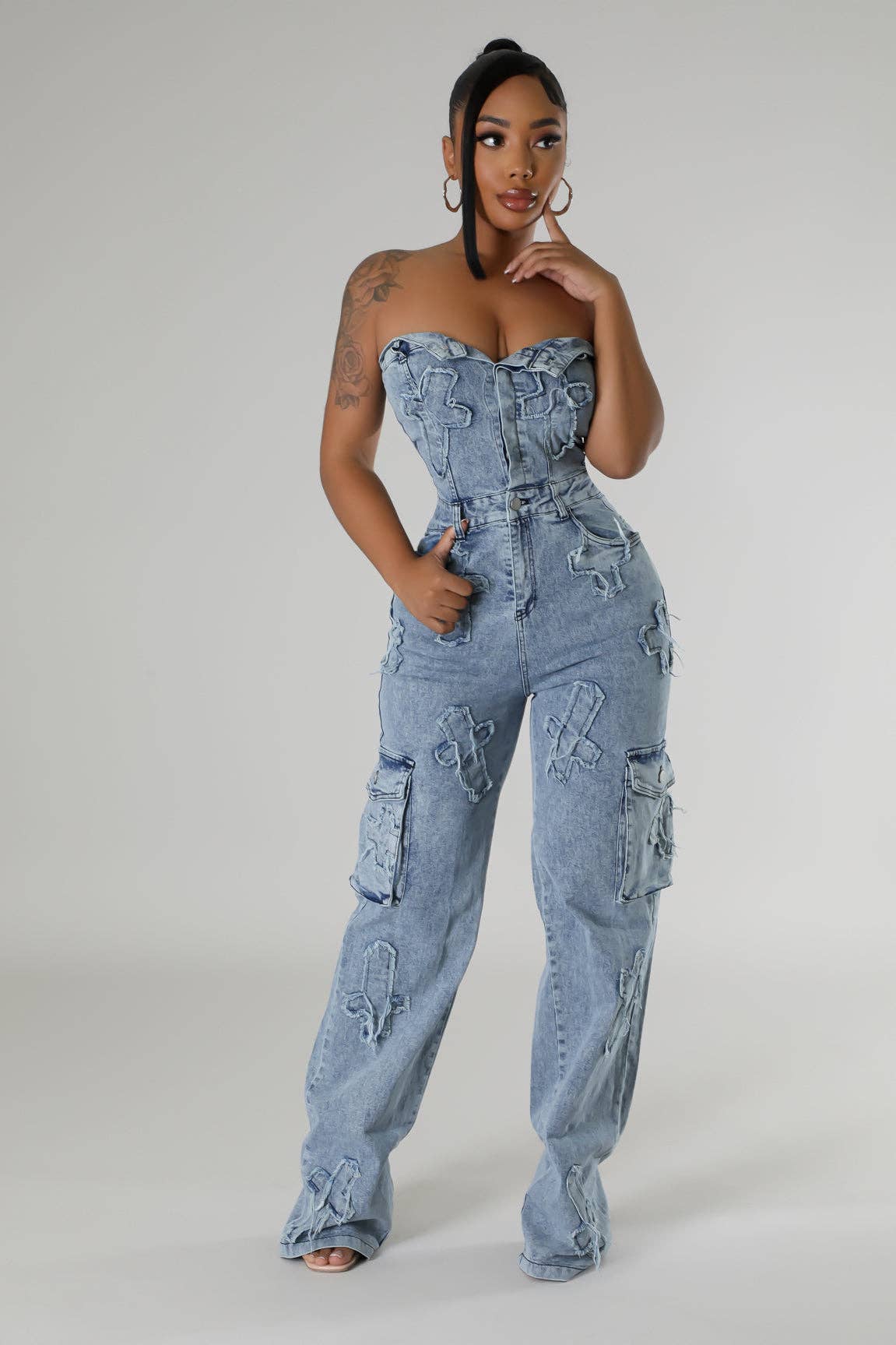 5besties inc - Wholesale Jumpsuit - Women's - CROSS PATCH DETAIL DENIM JUMPSUITS1