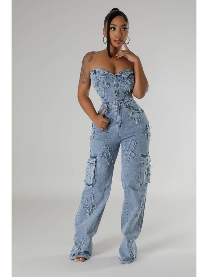 5besties inc - Wholesale Jumpsuit - Women's - CROSS PATCH DETAIL DENIM JUMPSUITS1