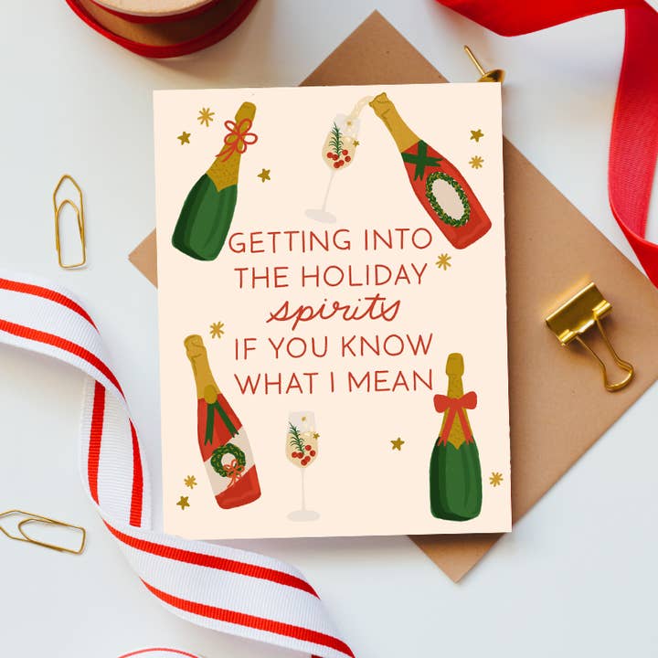 Getting into the holiday *spirits* | funny Christmas card for wholesale by Lemon Milk Paper Co