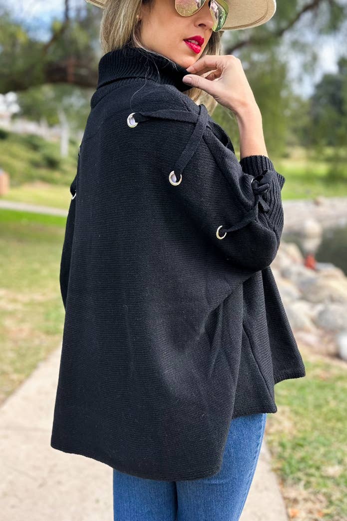 Noir Poncho tricoté noir avec col roulé et manches lacées en vente sur Faire7