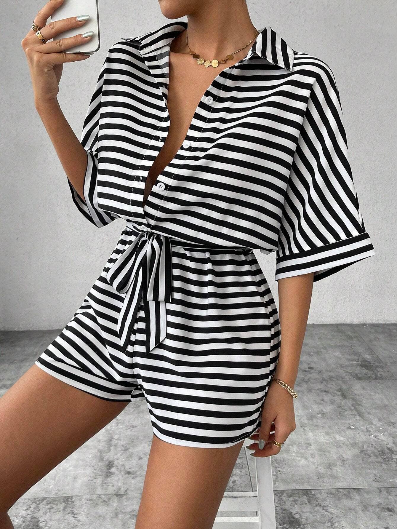 Lily Clothing - Wholesale Romper - Women's - Women’s striped buttoned cardigan romper7