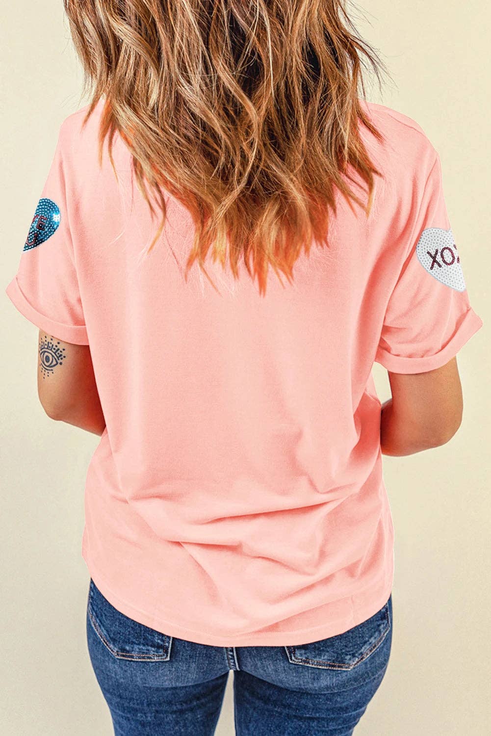 Pink Sequin Valentines Lettering Heart Patched Crewneck T Shirt for wholesale on Faire2
